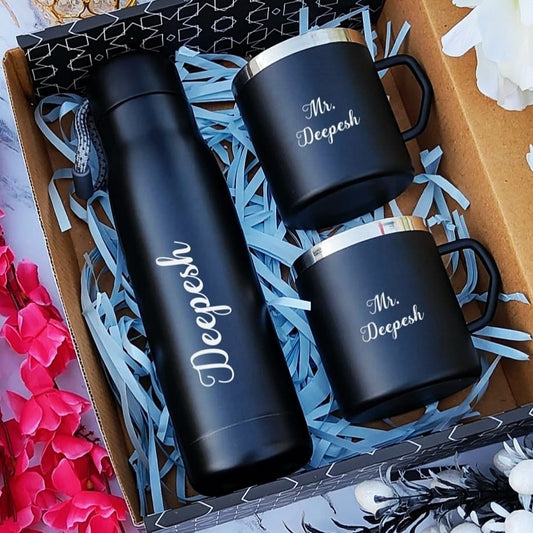 Personalized Vacuum Flask & Cup Gift Set – 3 Pc Combo | 550ml Flask + 2 Mugs