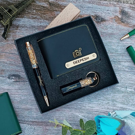 Mini Essential Hamper for Him – Custom Wallet, Pen & Keychain Gift Set