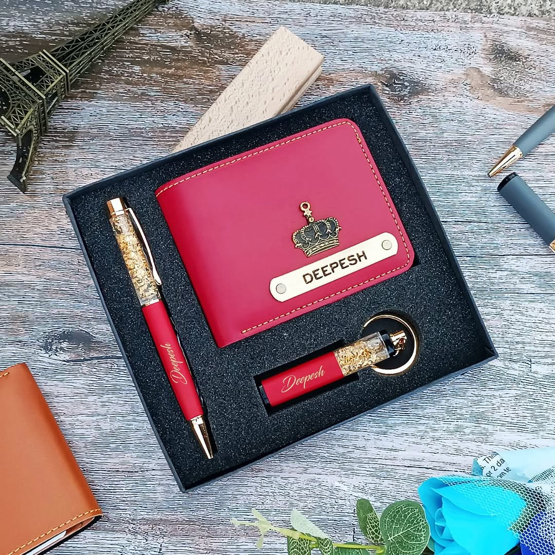 Mini Essential Hamper for Him – Custom Wallet, Pen & Keychain Gift Set