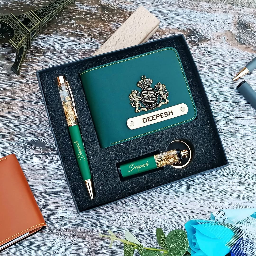 Mini Essential Hamper for Him – Custom Wallet, Pen & Keychain Gift Set