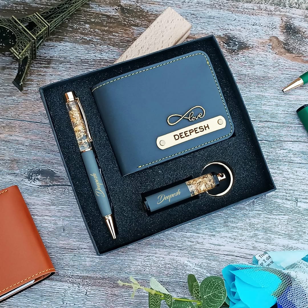 Mini Essential Hamper for Him – Custom Wallet, Pen & Keychain Gift Set