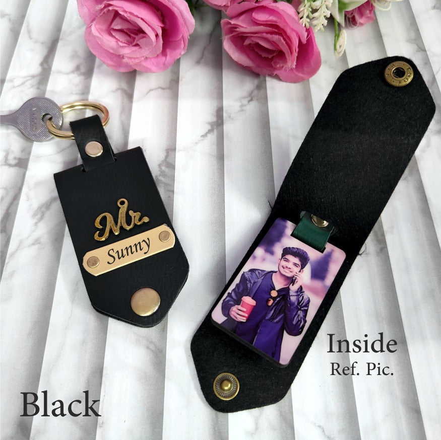Custom Leather Photo Keychain with Name Engraving