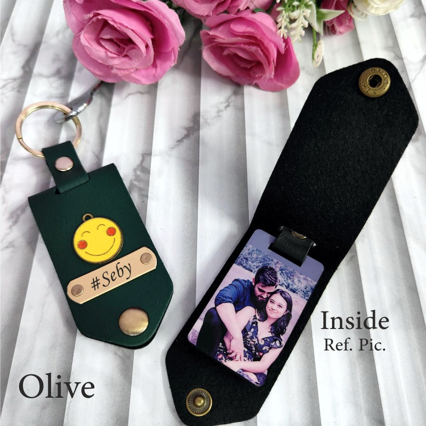 Custom Leather Photo Keychain with Name Engraving