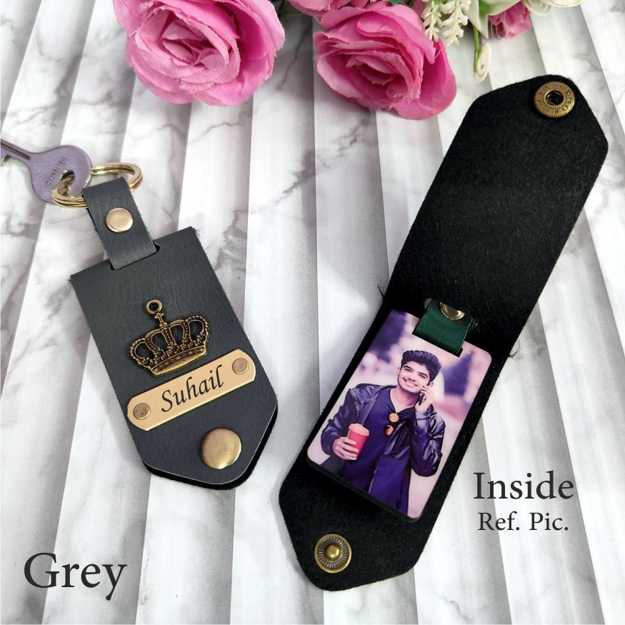 Custom Leather Photo Keychain with Name Engraving