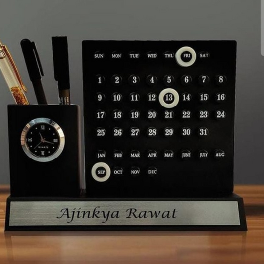 🕒 Infinity Calendar Pen Stand with Clock – Personalized Name & Logo